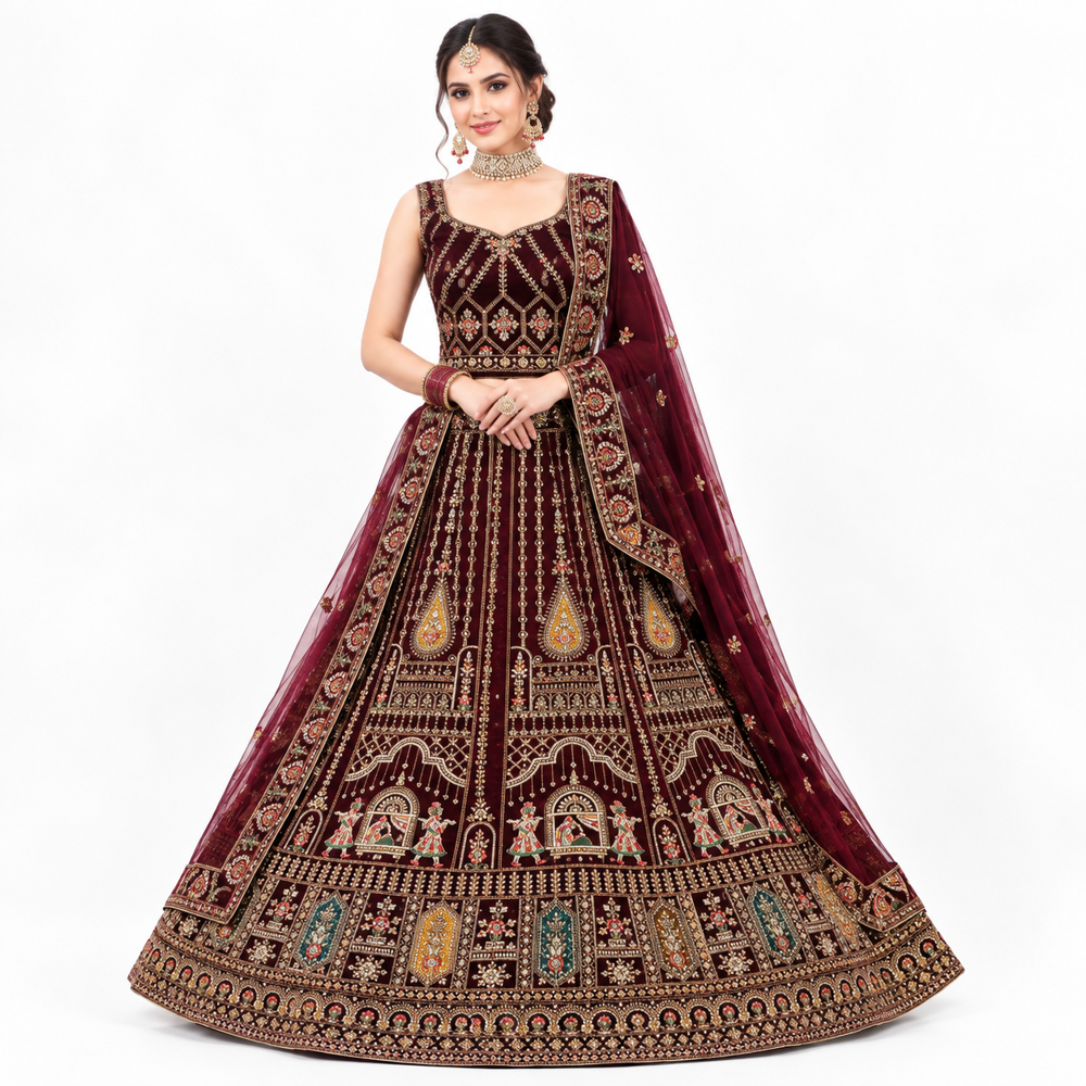 Burgundy Royal Zari Embroidered Bridal Lehenga - Bust Size: 32 Inch (In)