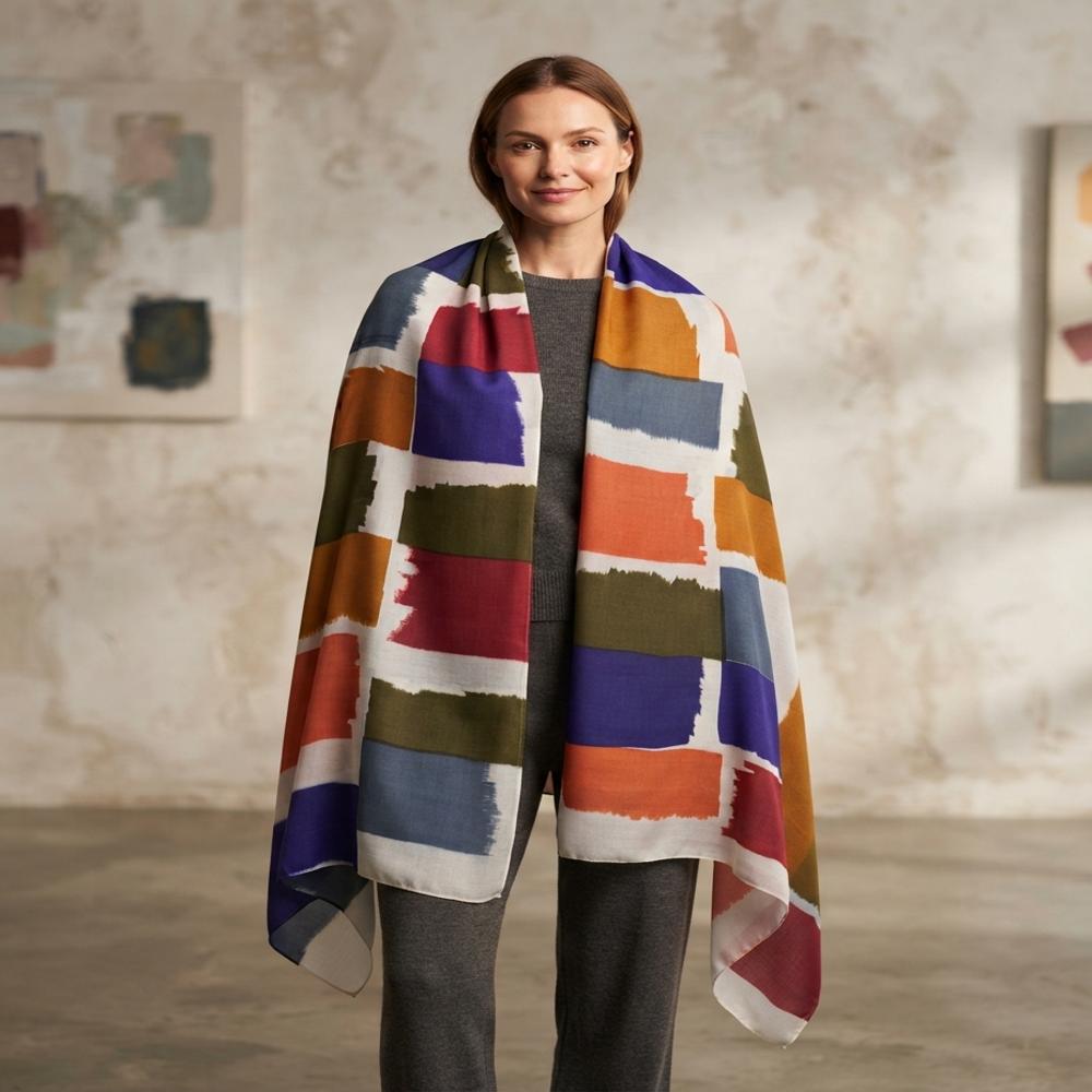 Merino Wool Screen Printed Geometrical Design Stoles. - Color: Assorted