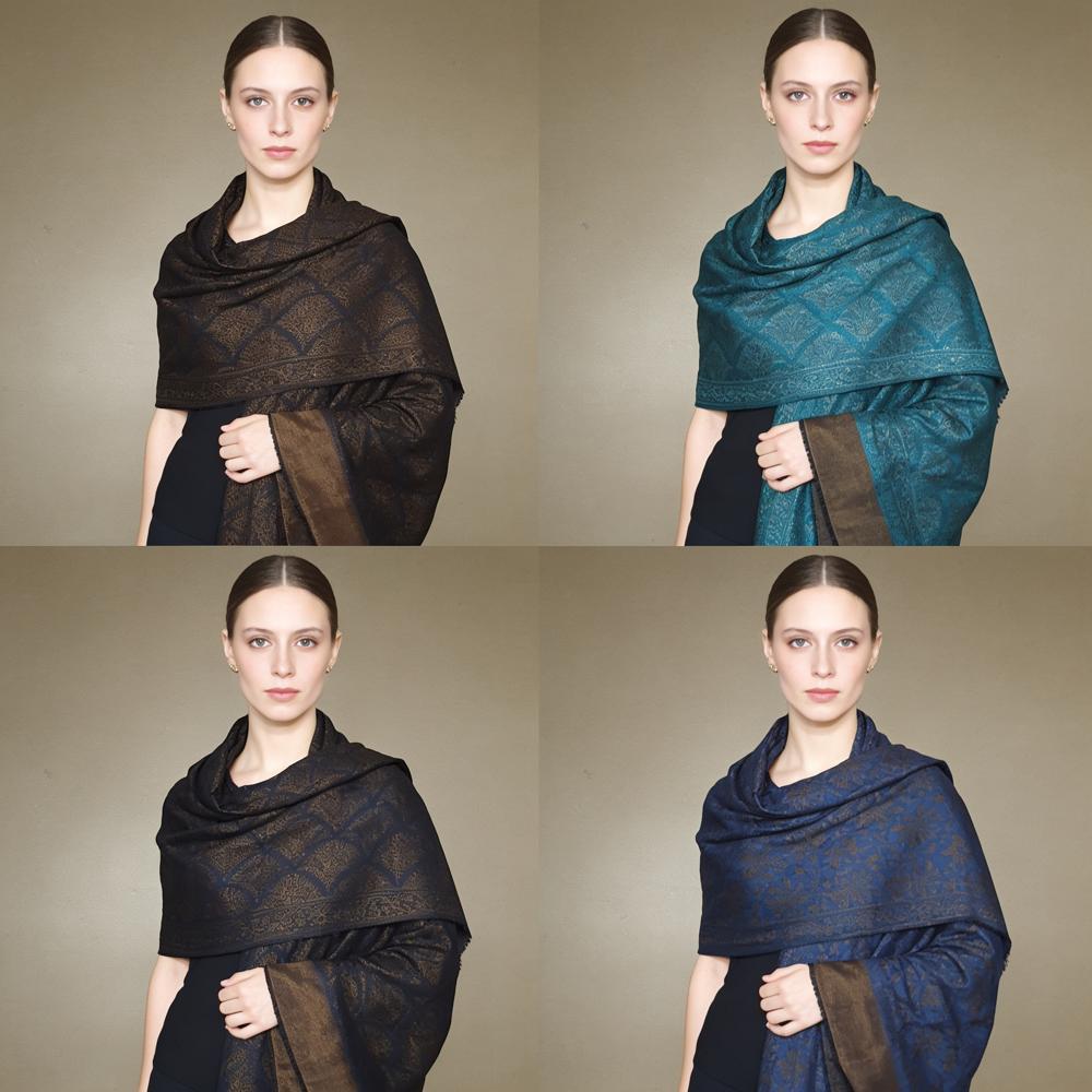 Fine Wool Moon Light Zari Reversible Jacquard Shawls - Color: Assorted
