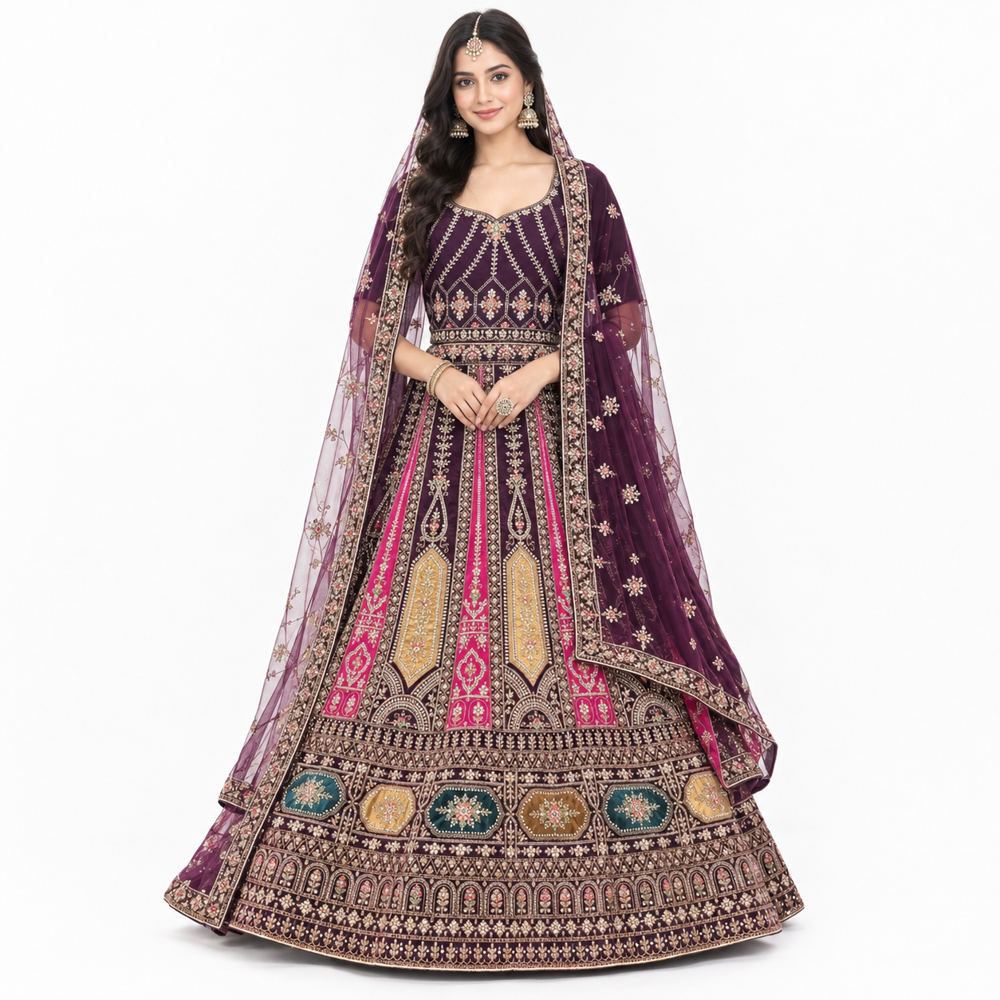 Royal Plum Embroidered Bridal Lehenga Set - Bust Size: Free Inch (In)