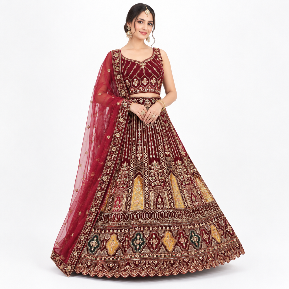 Maroon Heritage Embroidered Bridal Lehenga Set - Bust Size: Free Inch (In)