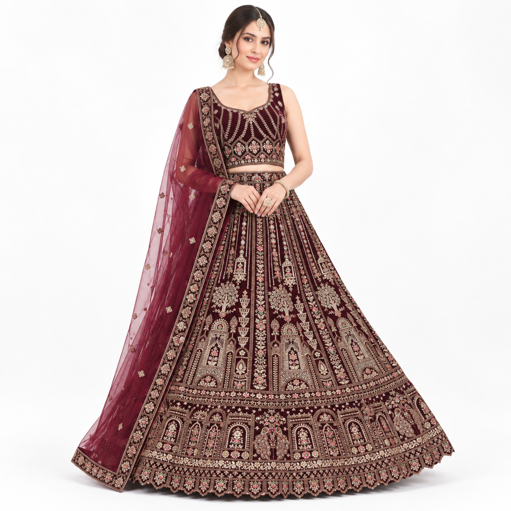 Burgundy Heritage Embroidered Lehenga Set - Bust Size: Free Inch (In)