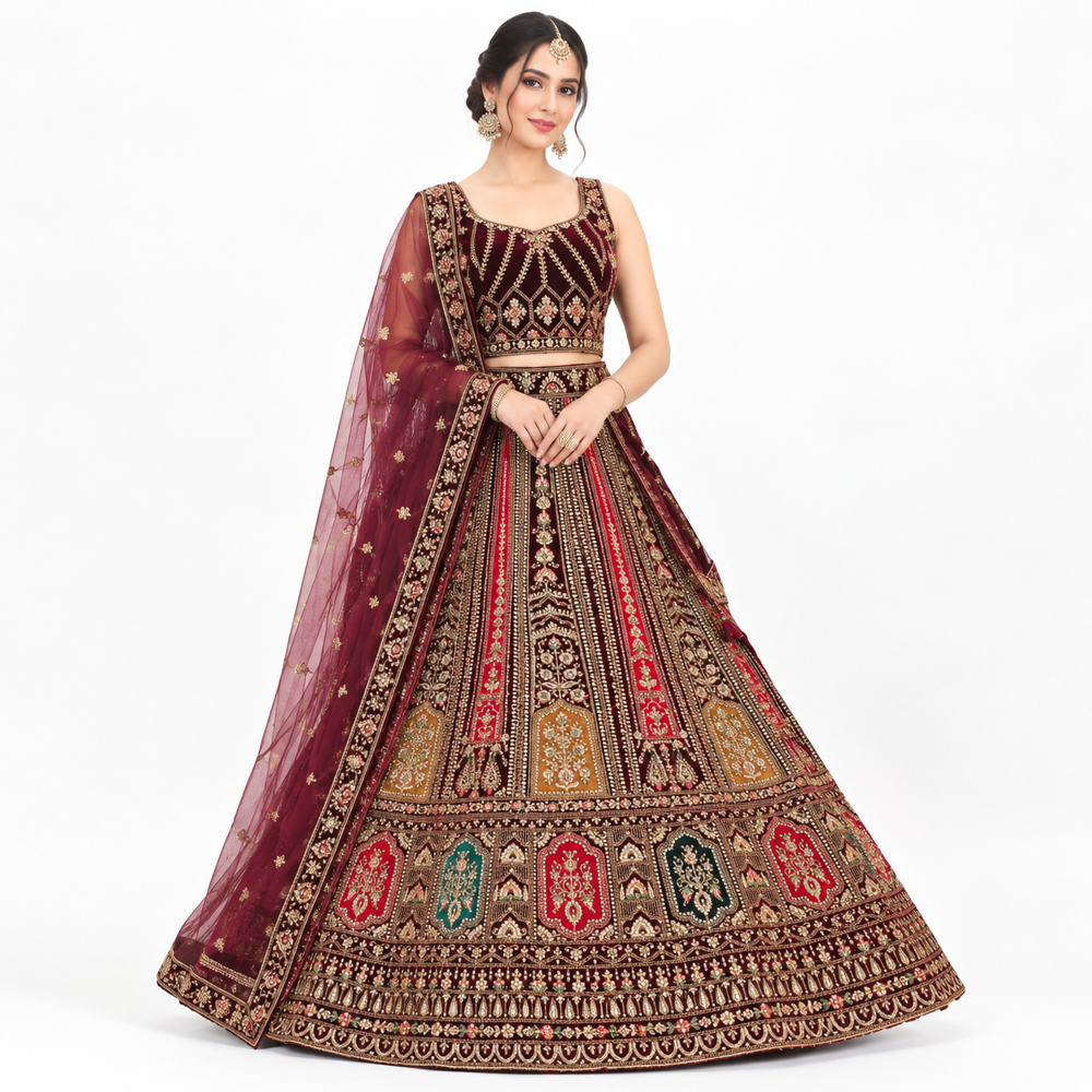 Maroon Regal Multicolor Embroidered Lehenga Set