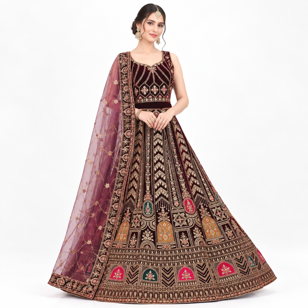 Midnight Maroon Heritage Embroidered Lehenga Set - Bust Size: Free Inch (In)