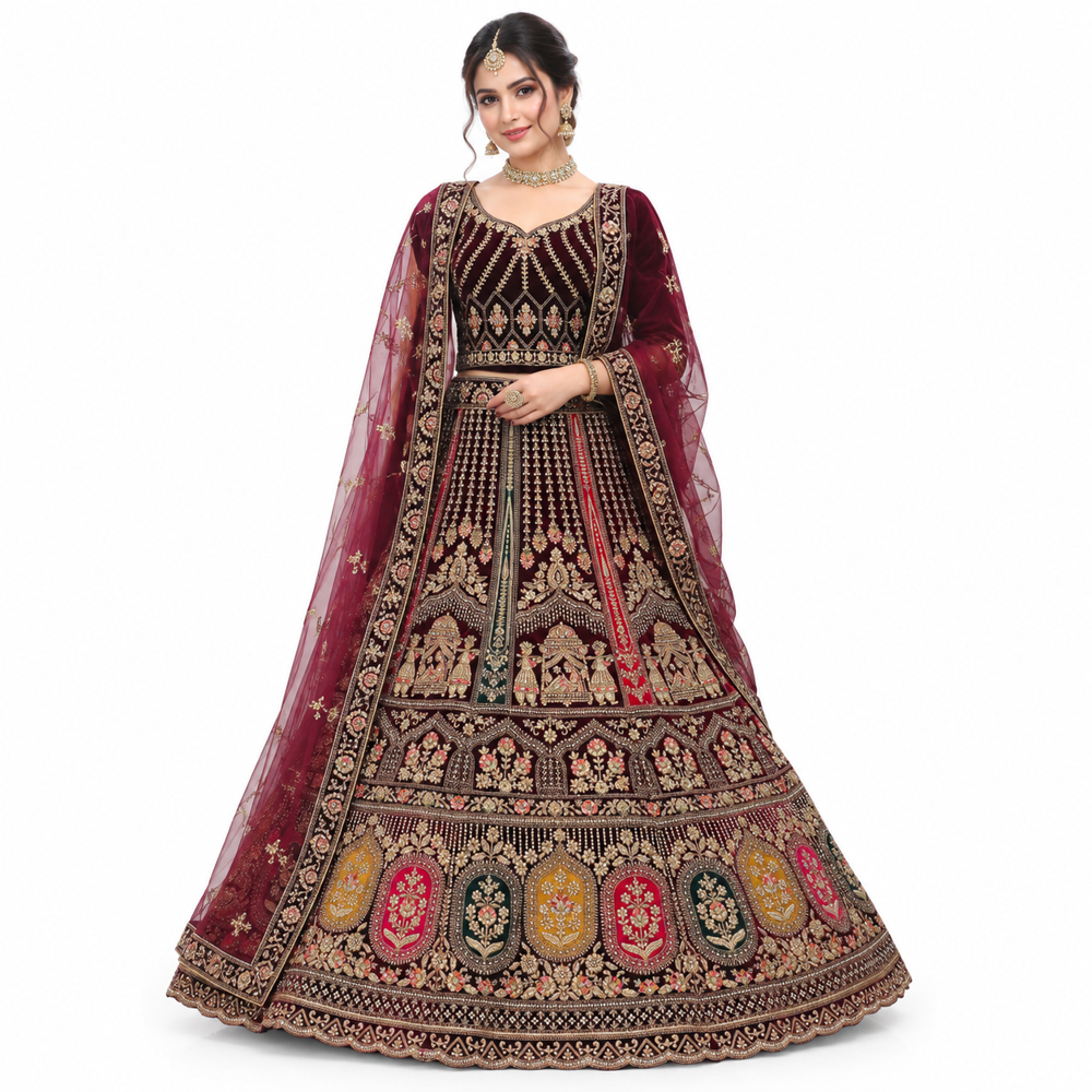 Burgundy Royal Embroidered Bridal Lehenga Set - Bust Size: Free Inch (In)