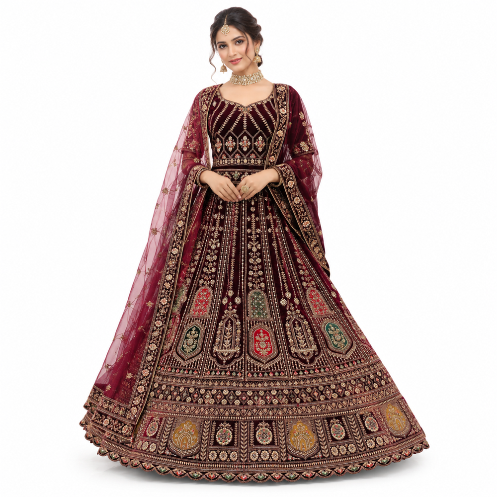 Burgundy Mughal-Inspired Embroidered Lehenga Set - Bust Size: Free Inch (In)