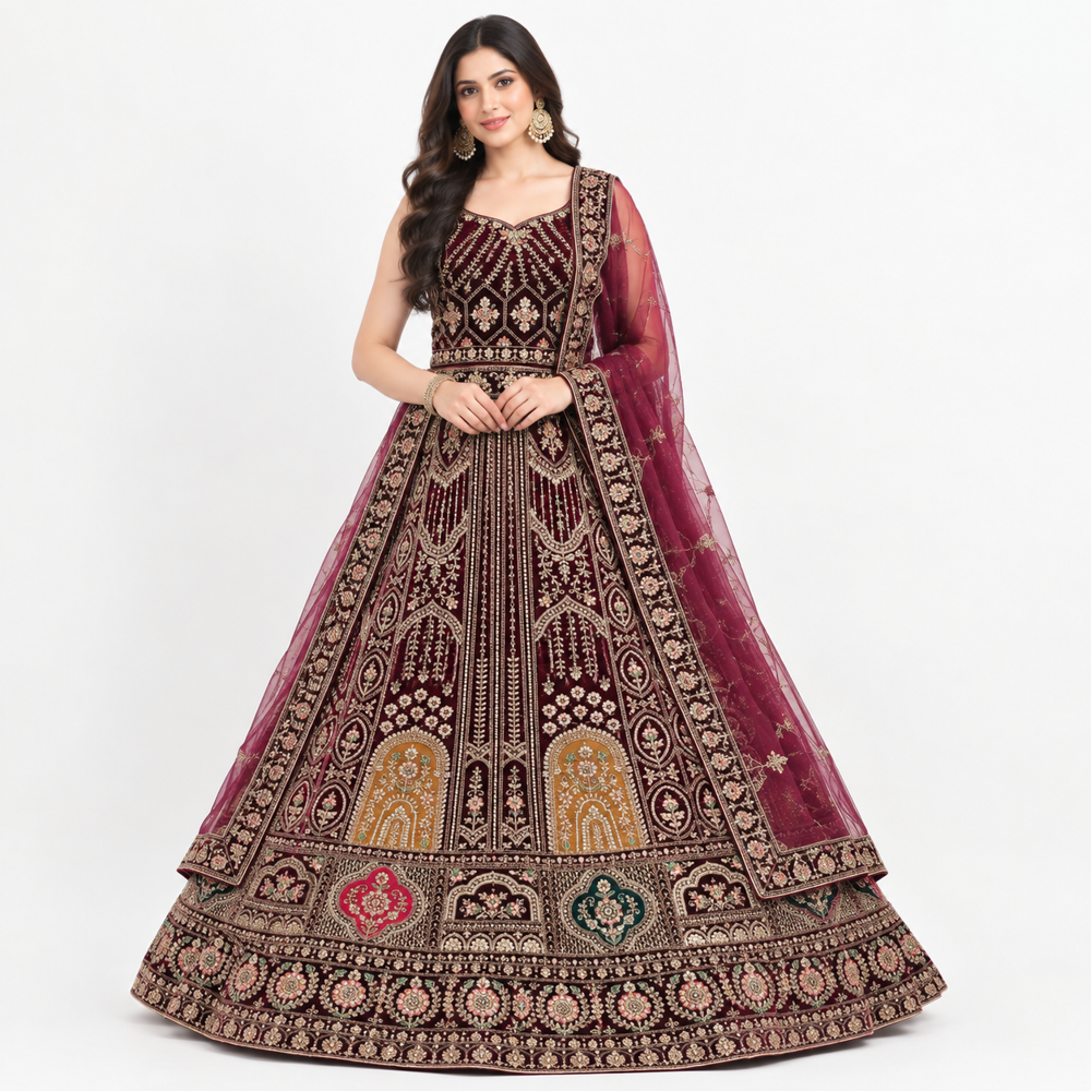 Wi Ne Heritage Embroidered Bridal Lehenga Set - Bust Size: Free Inch (In)