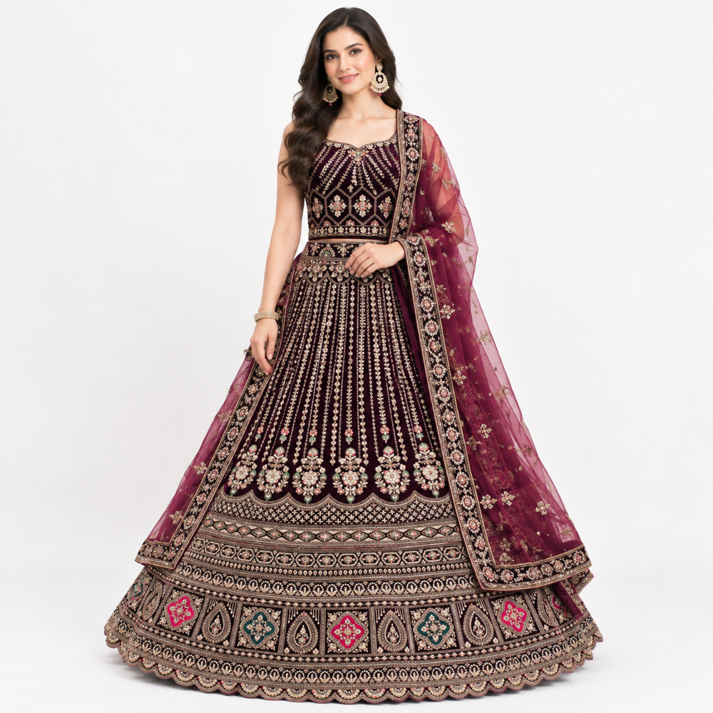 Royal Plum Embroidered Heritage Lehenga Set