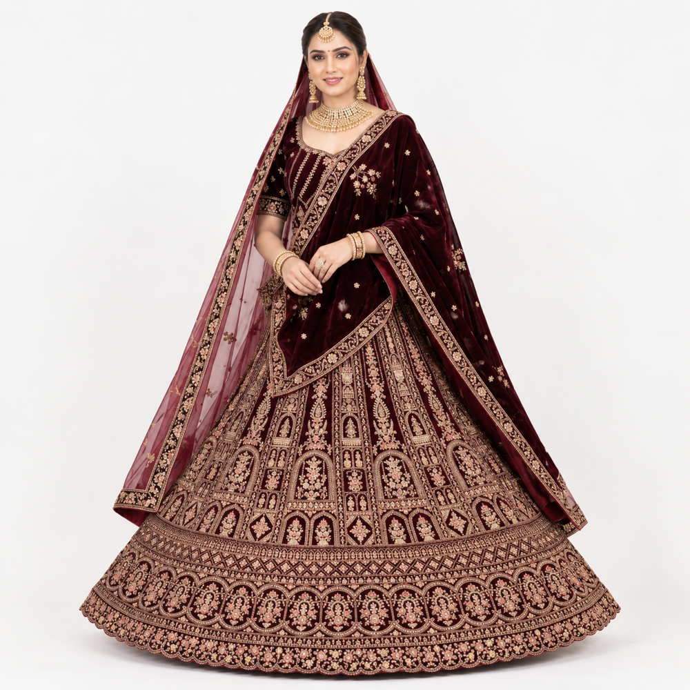 Burgundy Velvet Royal Embroidered Bridal Lehenga - Bust Size: Free Inch (In)