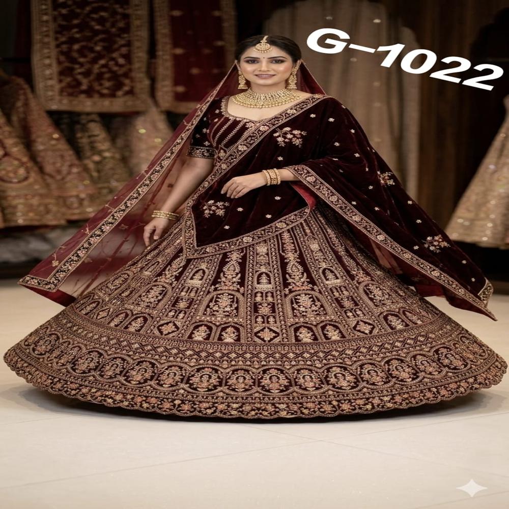 Burgundy Velvet Royal Embroidered Bridal Lehenga