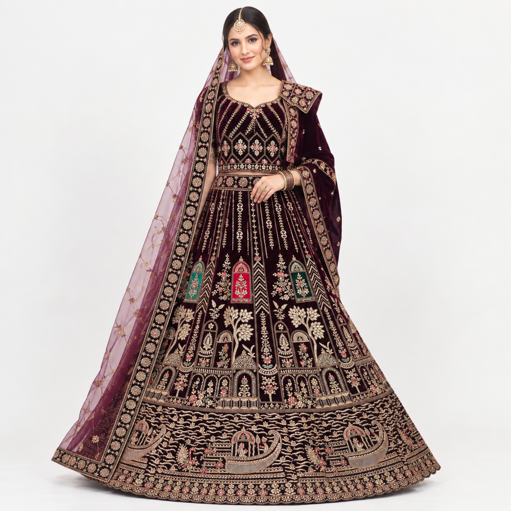 Royal Burgundy Velvet Bridal Lehenga Set - Bust Size: Free Inch (In)