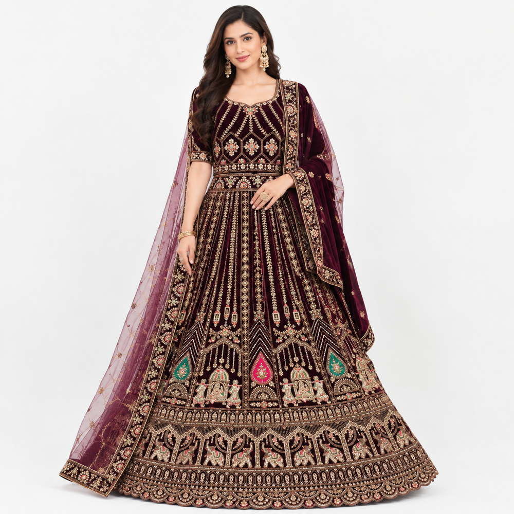 Regal Burgundy Embroidered Bridal Lehenga - Bust Size: Free Inch (In)