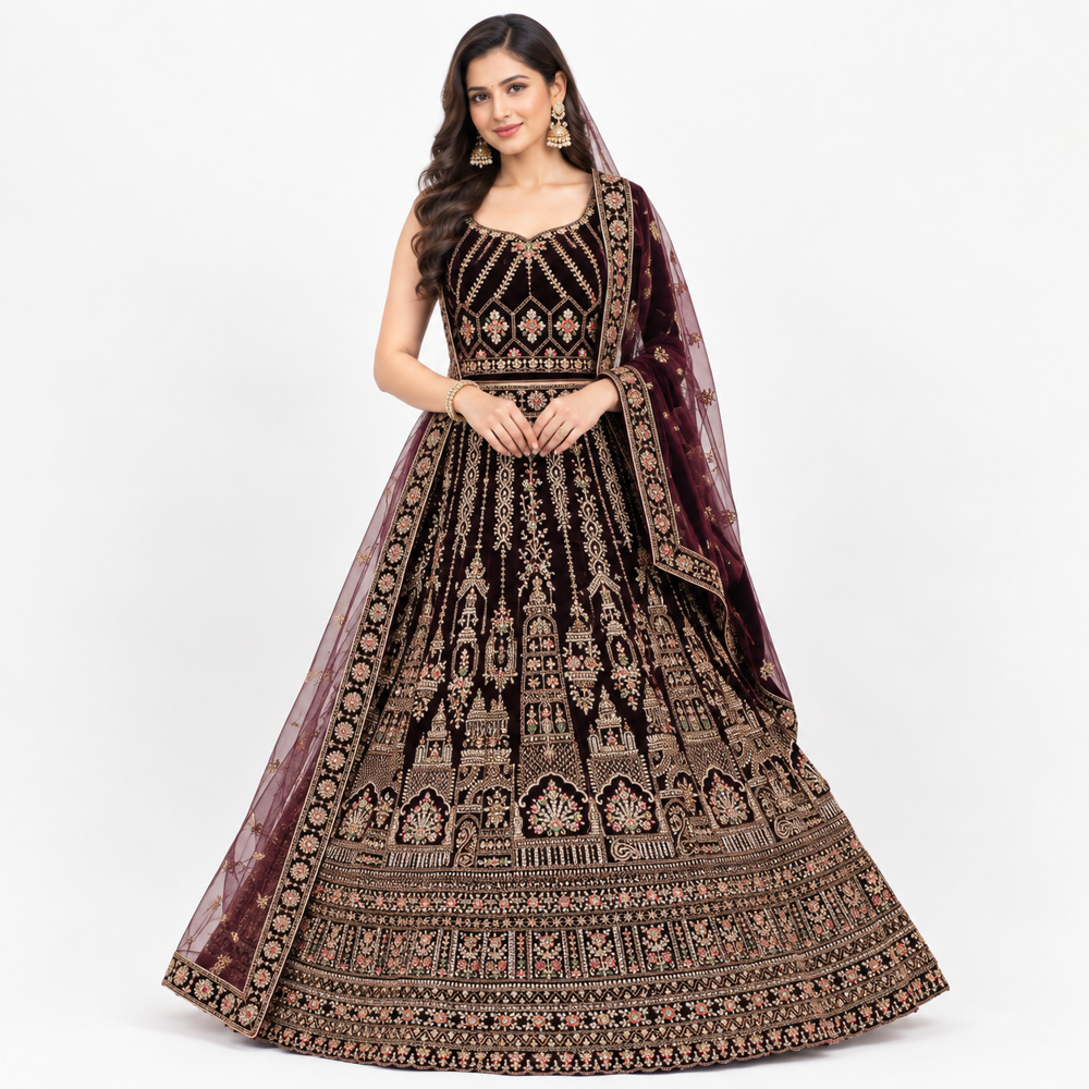 Regal Burgundy Heritage Embroidered Lehenga - Bust Size: Free Inch (In)