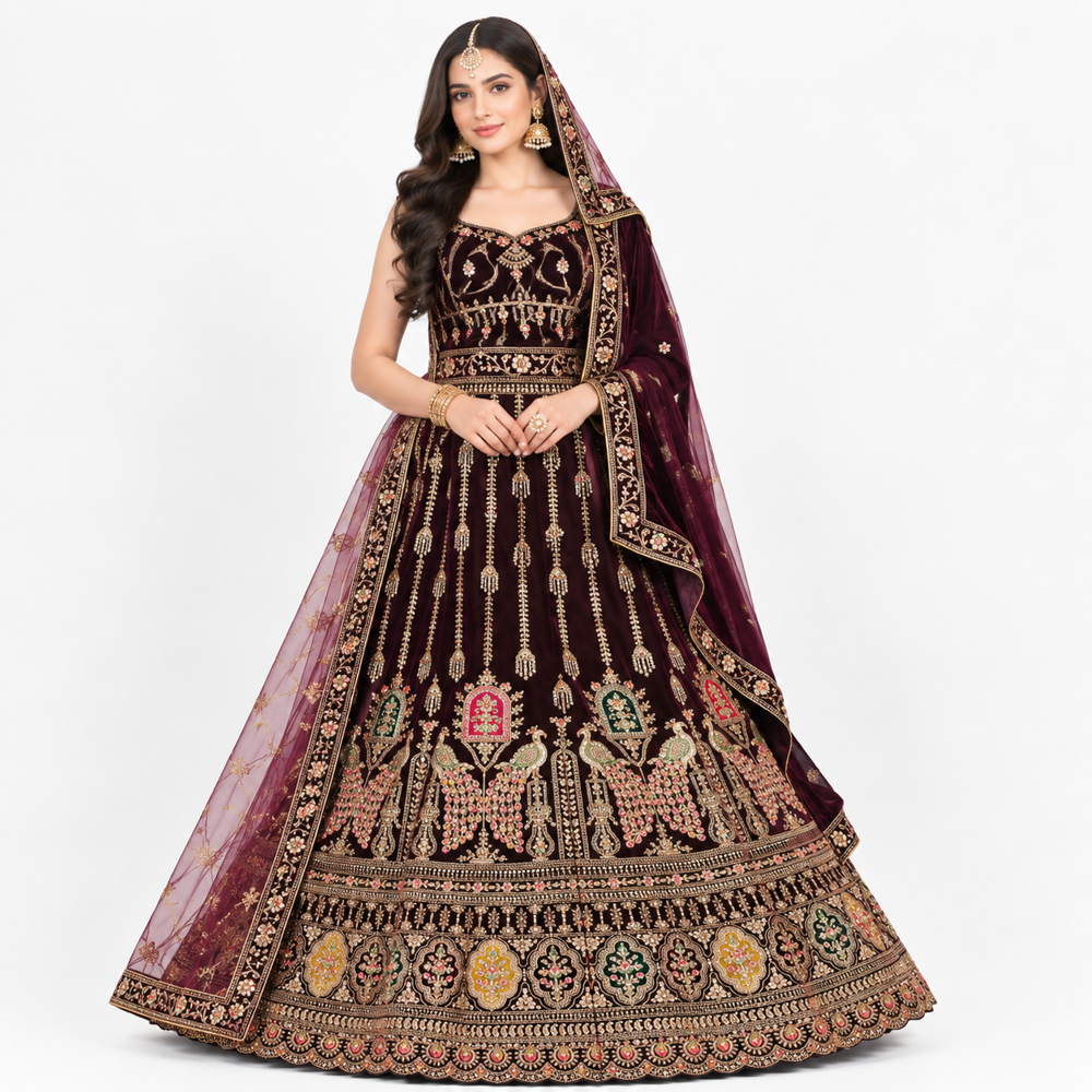 Majestic Burgundy Peacock Embroidered Bridal Lehenga - Bust Size: Free Inch (In)