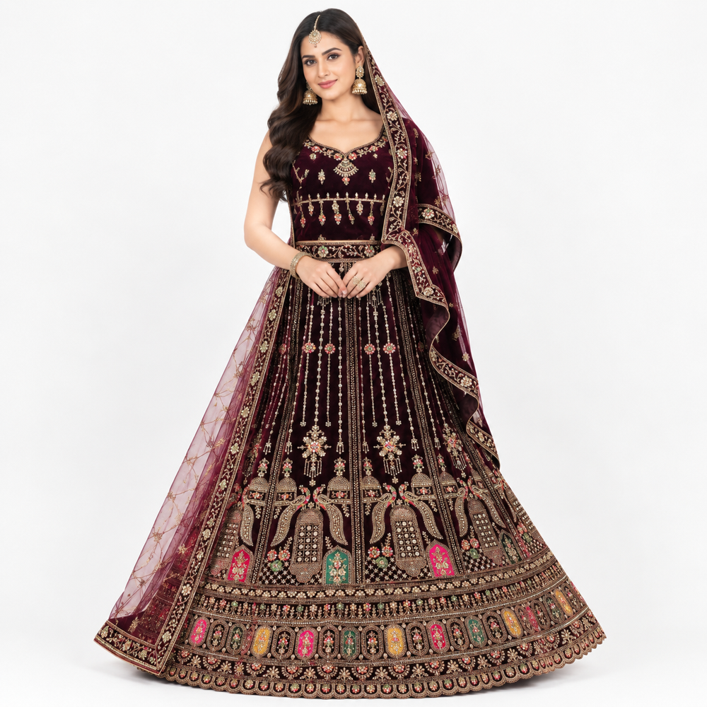 Burgundy Heritage Peacock Embroidered Lehenga - Bust Size: Free Inch (In)