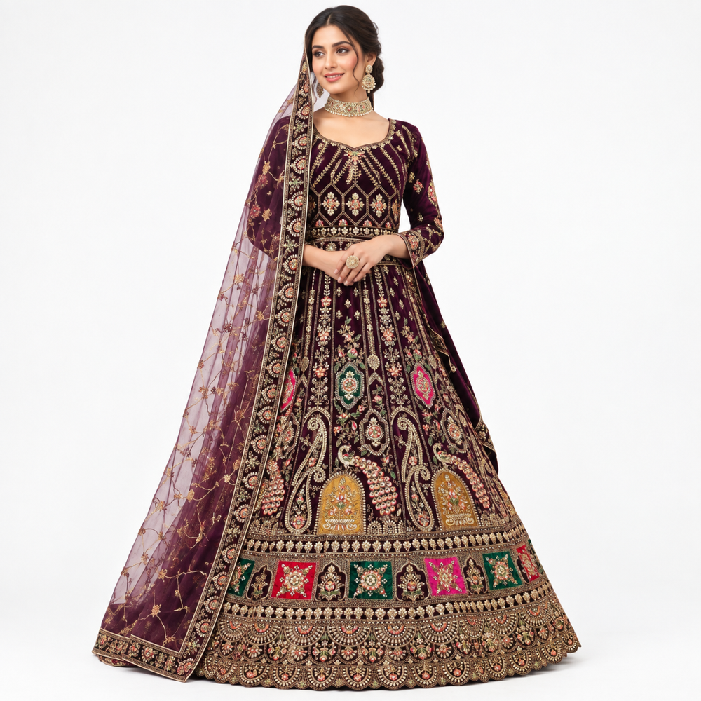 Royal Burgundy Multicolor Embroidered Lehenga - Bust Size: Free Inch (In)