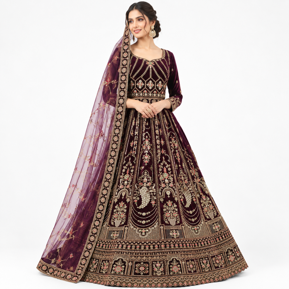 Regal Burgundy Embroidered Bridal Lehenga - Bust Size: Free Inch (In)