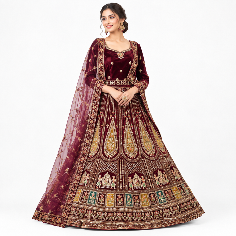 Royal Burgundy Zari Embroidered Lehenga Set