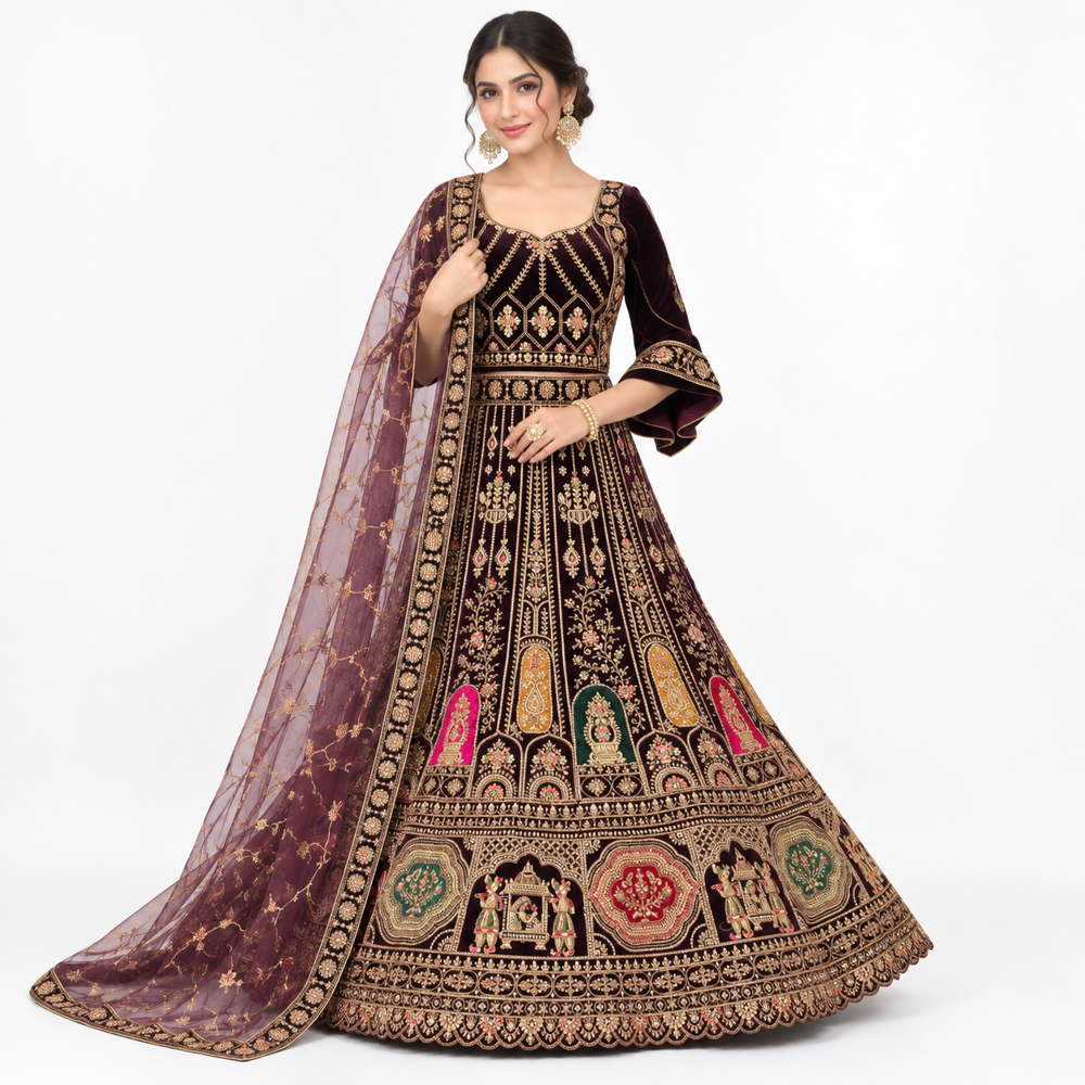 Royal Black & Burgundy Heritage Embroidered Lehenga - Bust Size: Free Inch (In)