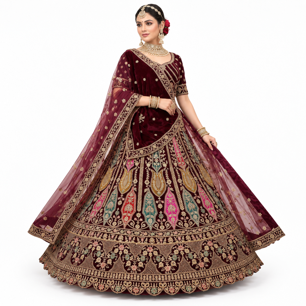 Burgundy Velvet Multicolor Embroidered Bridal Lehenga - Bust Size: Free Inch (In)