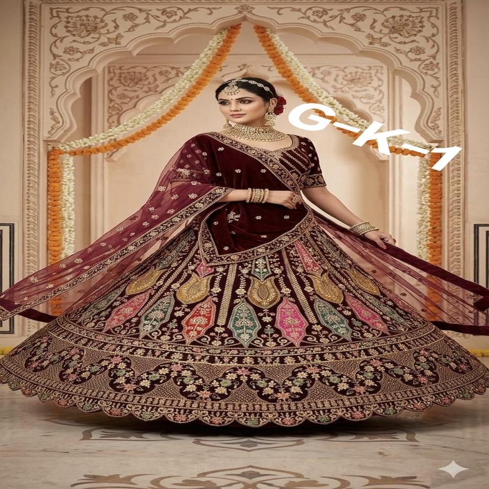 Burgundy Velvet Multicolor Embroidered Bridal Lehenga