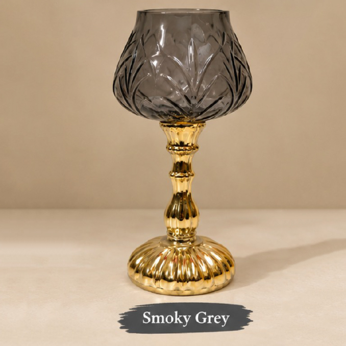 Smoky Grey Gold Stem Glass Candle Holder