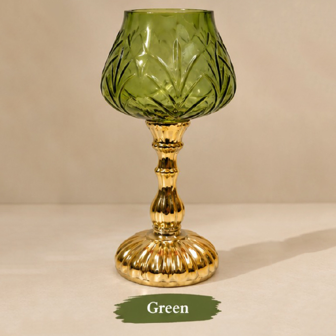 Green Gold Stem Glass Candle Holder