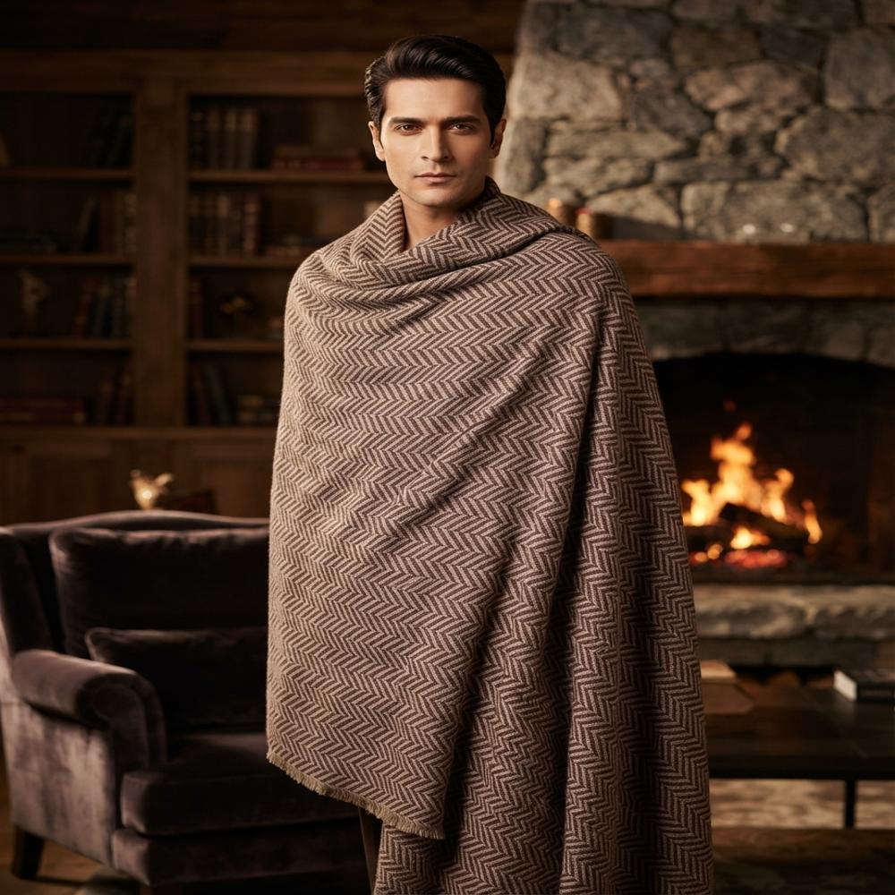 Wool Blended 2ply Thick Weaving Cashmere Gents Shawls
