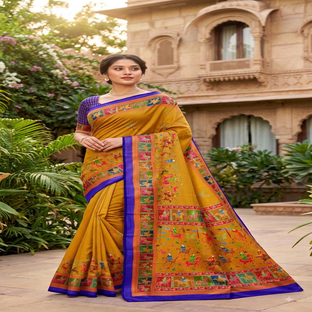 New Handloom Zari Chex In Digital Print Saree - Color: Multi