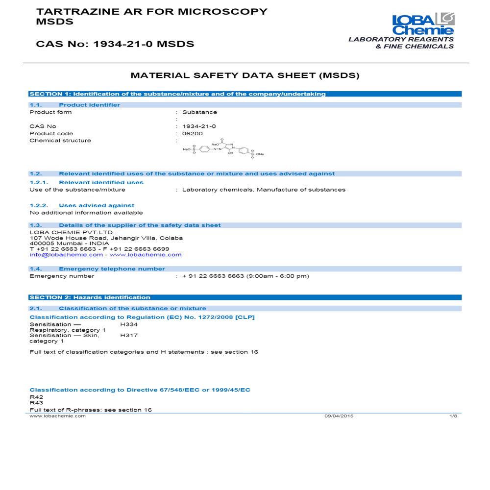 Tartrazine AR For Microscopy 25g