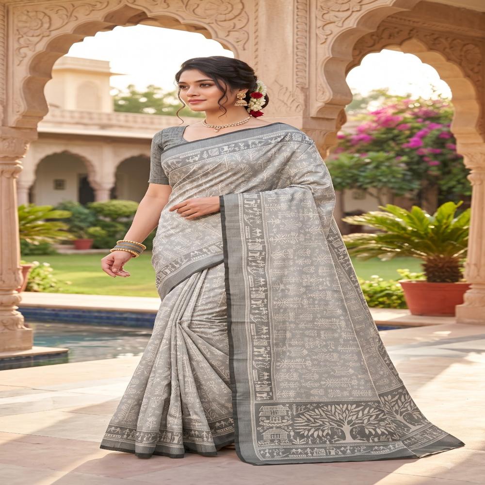 New handloom Zari Chex In Digital print saree