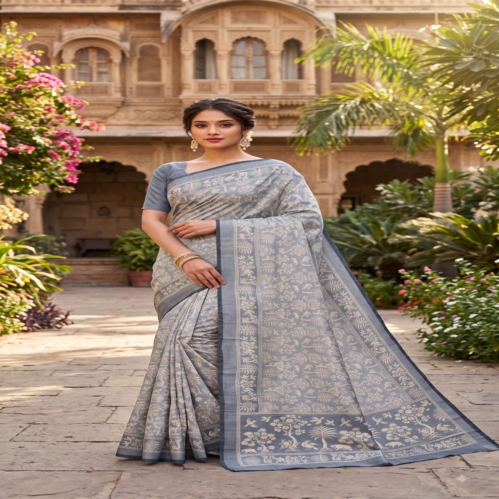 New handloom Zari Chex In Digital print saree