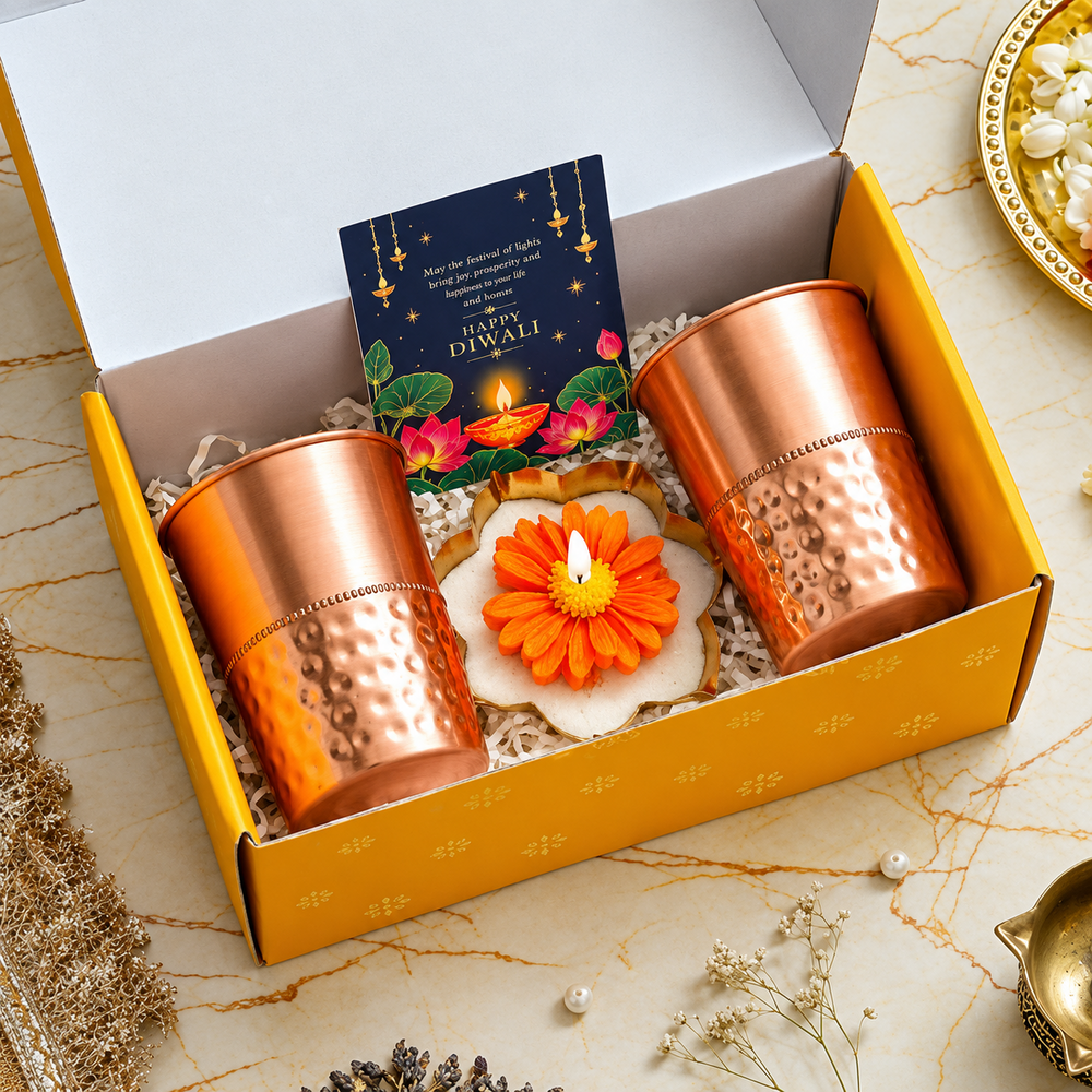 Diwali Gift Hamper- Copper And Light Hamper - Capacity: Glasses Approx. 250-300 Ml Each