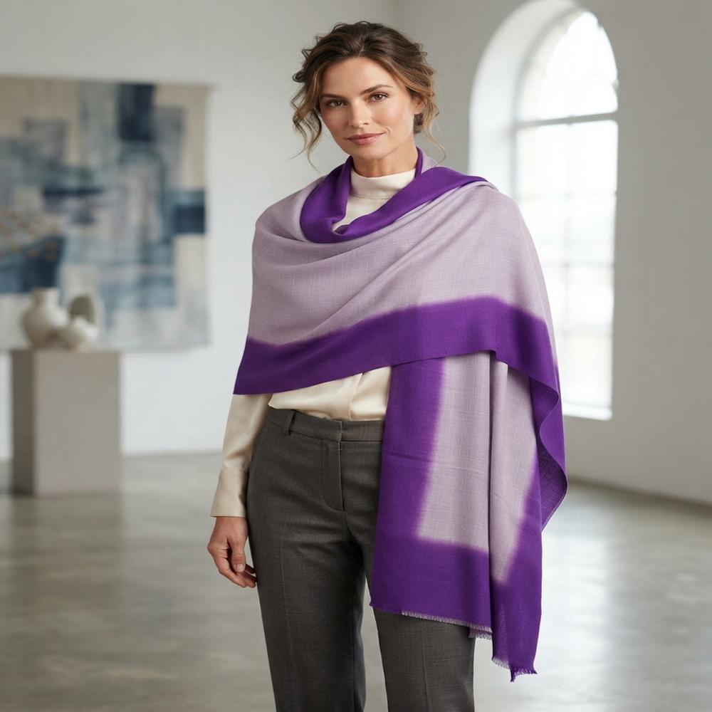 Wool Silk Matty Weave 4 Side Border Hand Dye Ombre Stoles