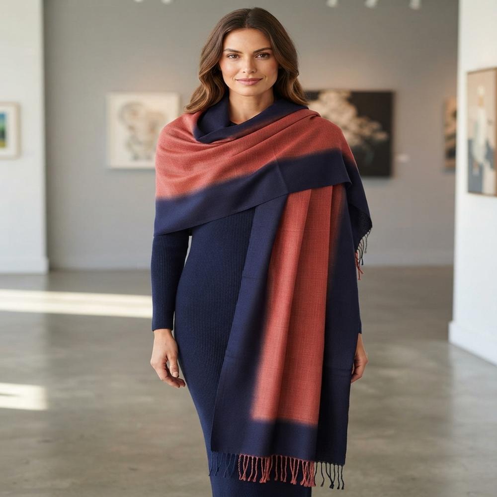 Wool Silk Matty Weave 4 Side Border Hand Dye Ombre Stoles