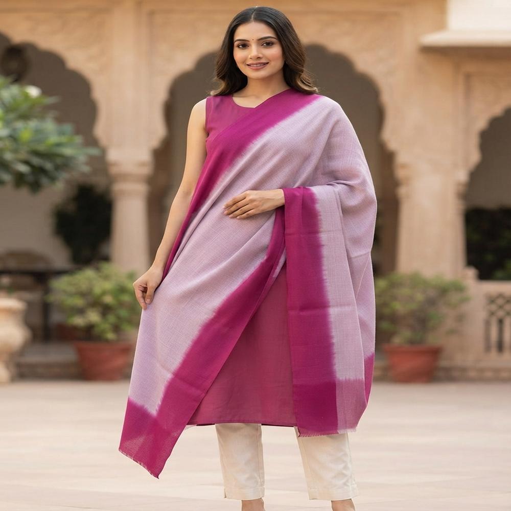 Wool Silk Matty Weave 4 Side Border Hand Dye Ombre Stoles