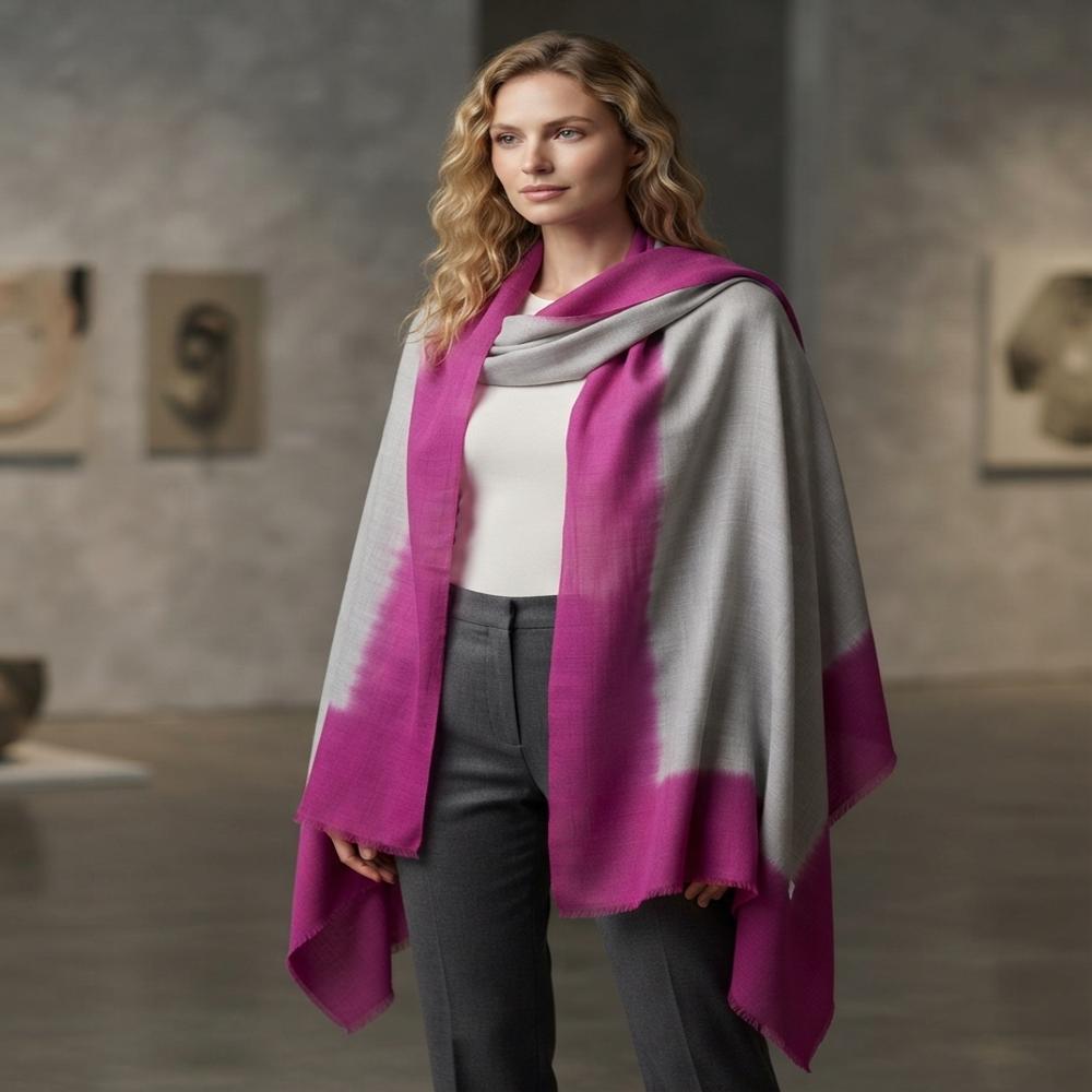 Wool Silk Matty Weave 4 Side Border Hand Dye Ombre Stoles