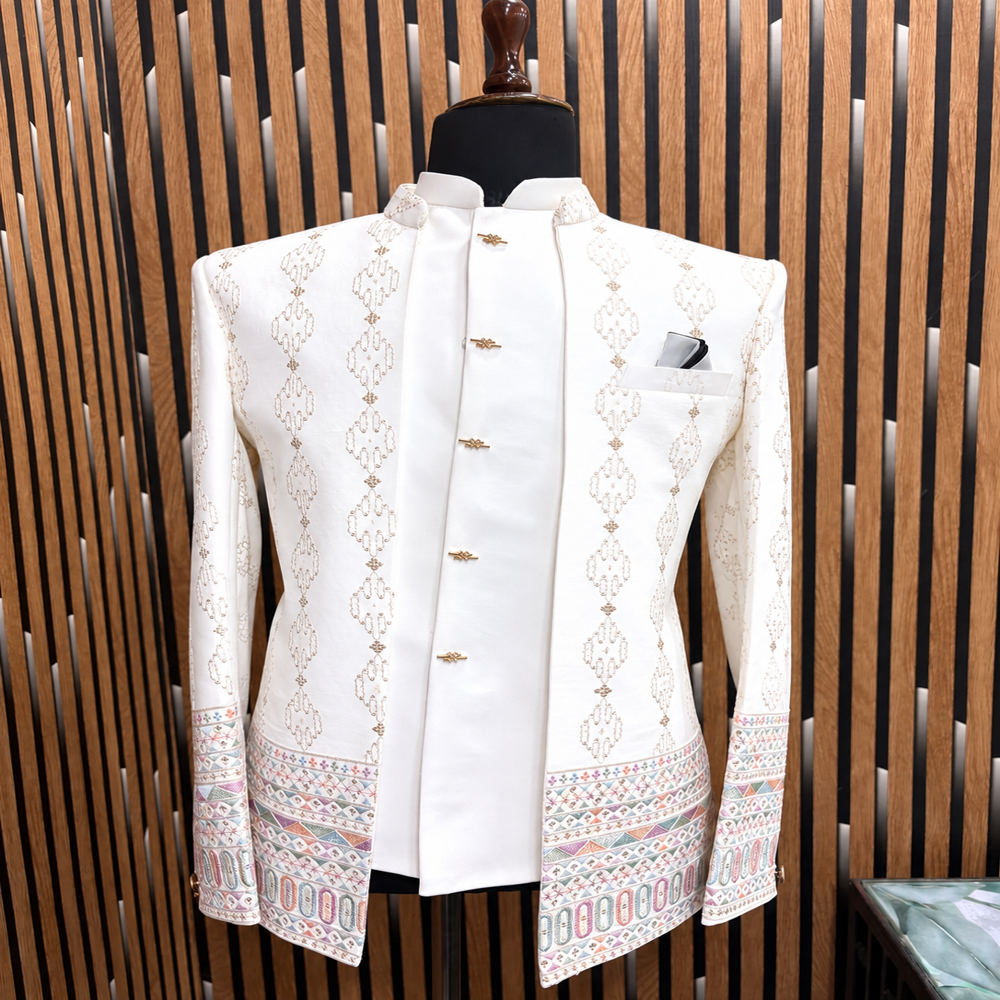 Premium Maili Satin Jodhpuri Shrug with Ornamental Jacquard Pattern & Embroidered Border for Men