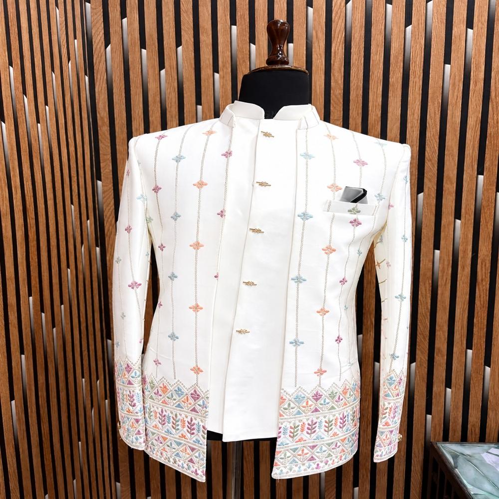 Premium Maili Satin Jodhpuri Shrug with Ornamental Jacquard Pattern & Embroidered Border for Men