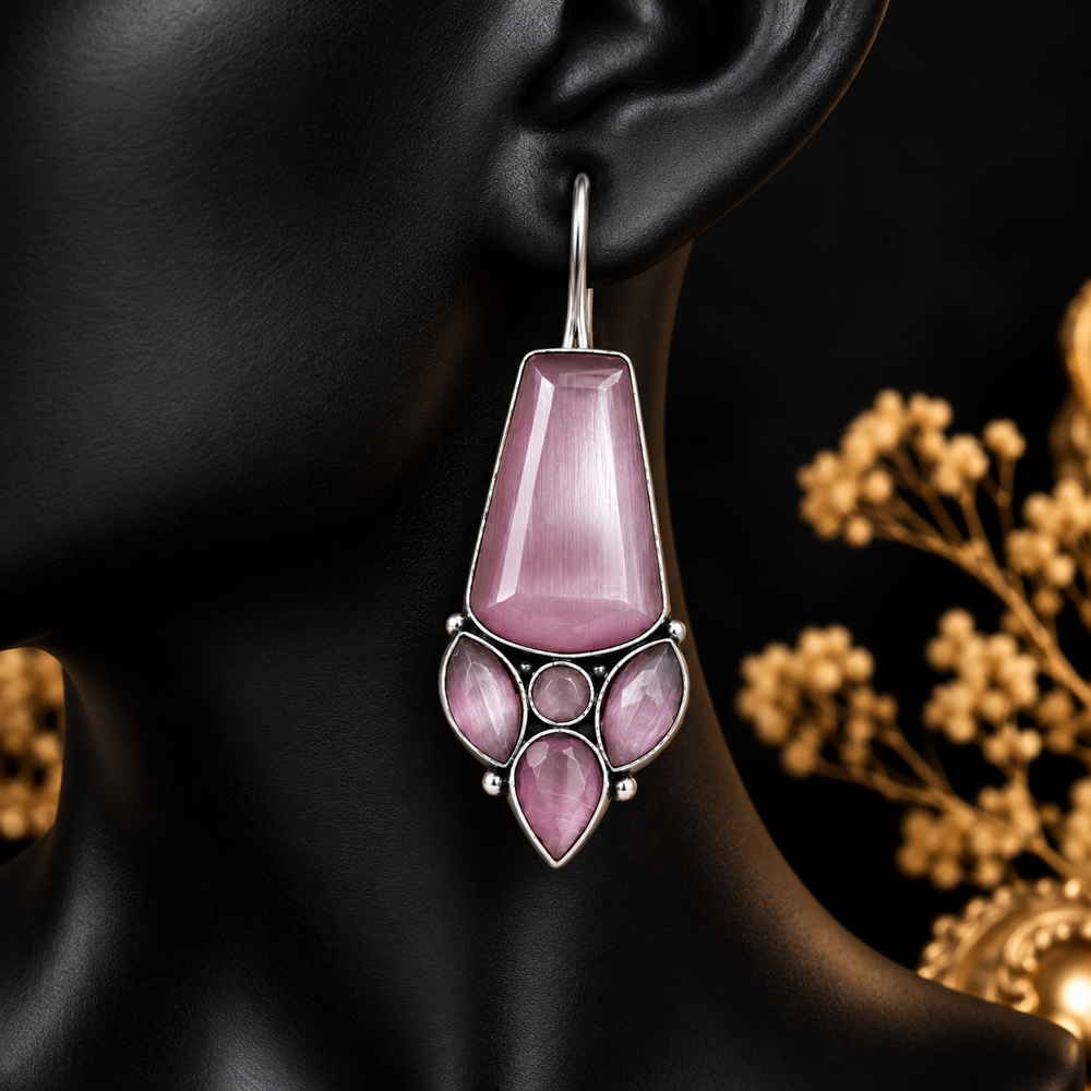 Pink Monalisa Stone Oxidized Silver Fashion Dangle Earrings For Womrn - Gender: Women