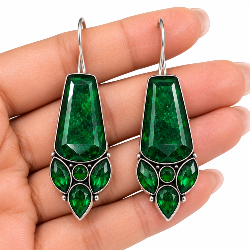 Green Oxidized Silver Fashion Dangle Earrings - Gender: Women