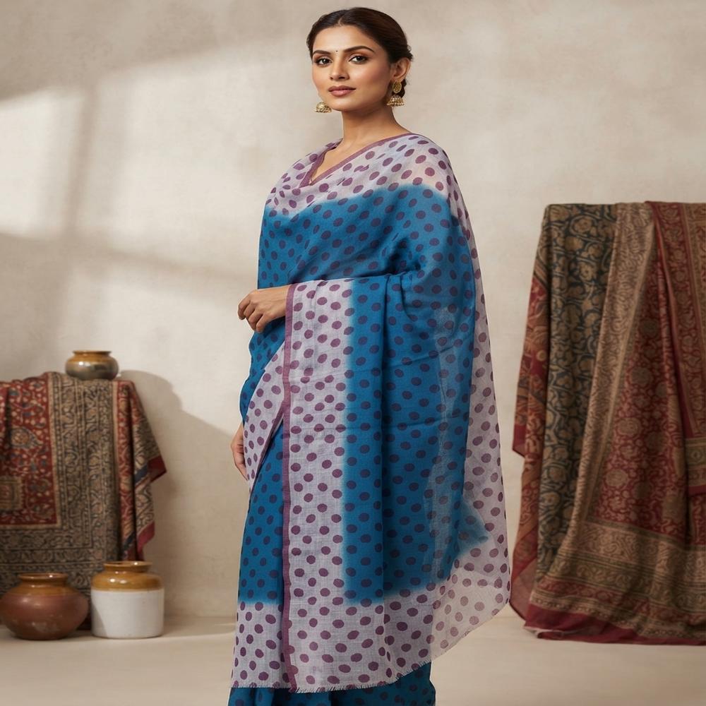 Wool Silk Matty Weave Polka Dot Printed Stoles 