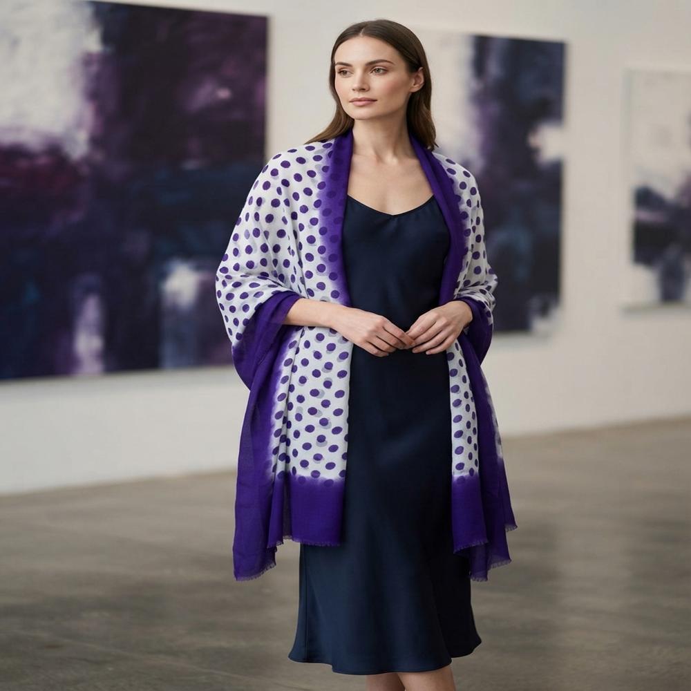 Wool Silk Matty Weave Polka Dot Printed Stoles 