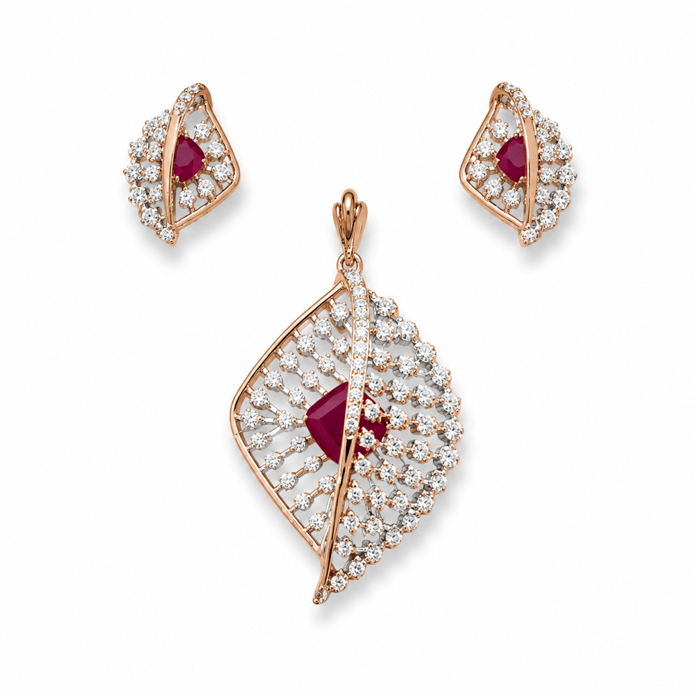Designer Ruby & Diamond Pendant Set with Matching Earrings