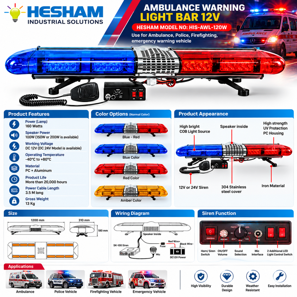 Ambulance Warning Light Bar 12v (His-awl-120w) - Dimension (L*w*h): Approx. 47.24 12.20 7.09 Inches Inch (In)