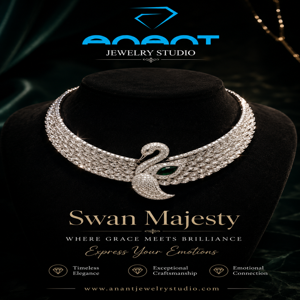 14Kt Gold Real & Lab-Grown Diamond Swan Collar Necklace with Emerald Centerpiece
