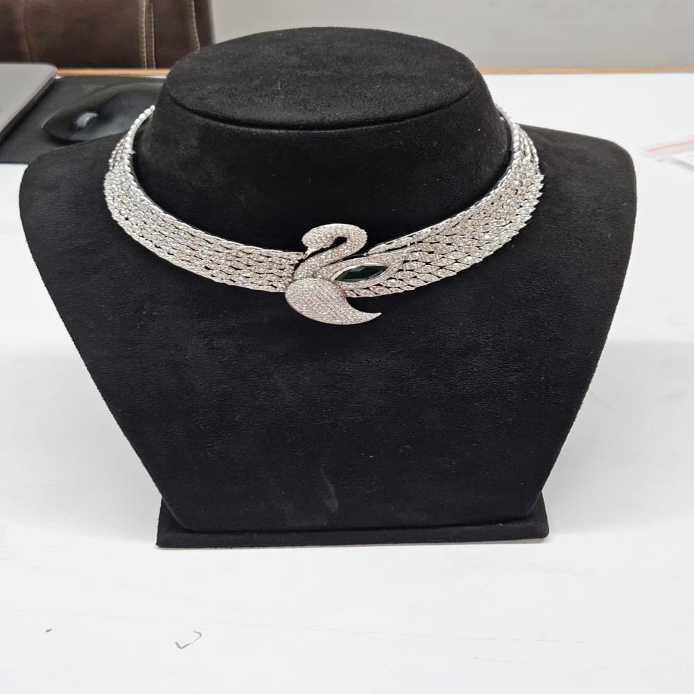 14Kt Gold Real & Lab-Grown Diamond Swan Collar Necklace with Emerald Centerpiece