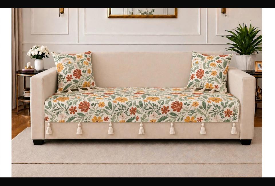 Sofa Cover - Cotton Material, Standard Size | Multicolor Floral And Geometric Pattern, Lightweight Traditional Printed Style