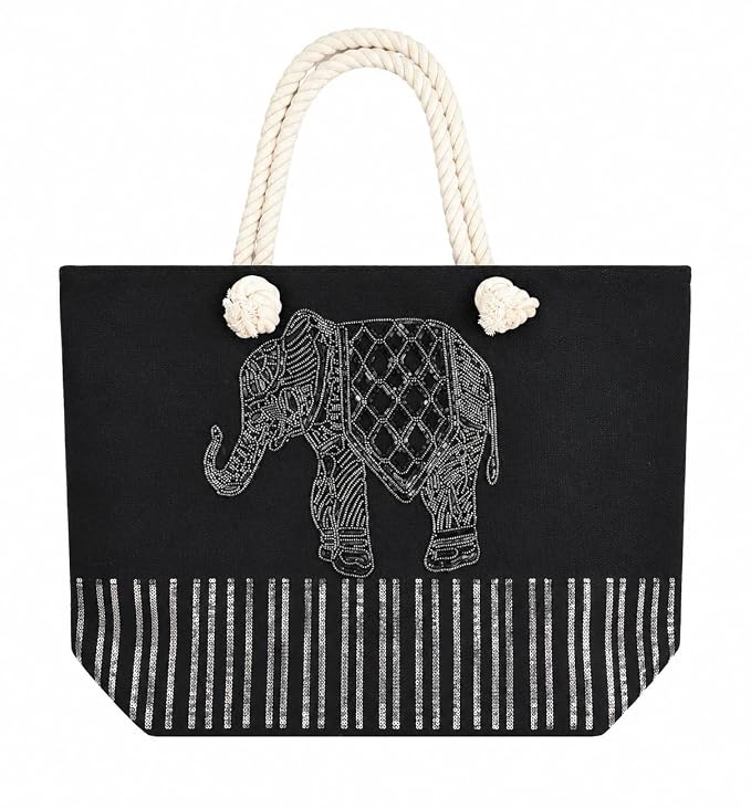 Elephant Canvas Tote Bag For Women - Color: Black