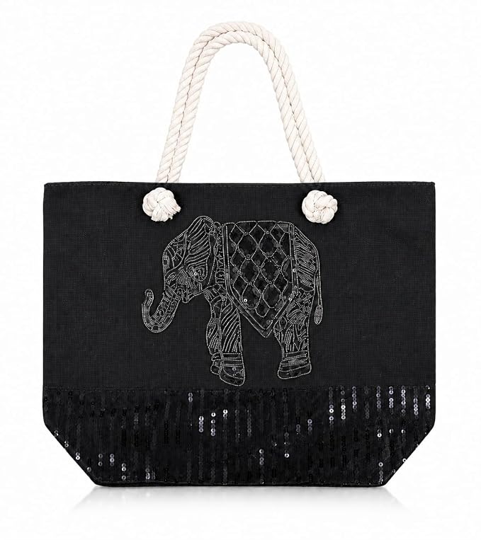 Elephant Embroidered Canvas Tote Bag For Women - Color: Black